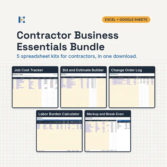 Five Kitgrid spreadsheet kits shown as laptop screens: Job Cost Tracker, Bid and Estimate Builder, Change Order Log, Labor Burden and Markup calculators, with Excel and Google Sheets badges.