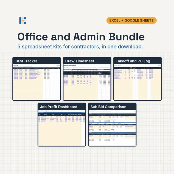 Five Kitgrid spreadsheet kits shown as laptop screens: T&M Tracker, Crew Timesheet, Material Takeoff and PO Log, Profit Dashboard (WIP) and Sub Bid Comparison, with Excel and Google Sheets badges.