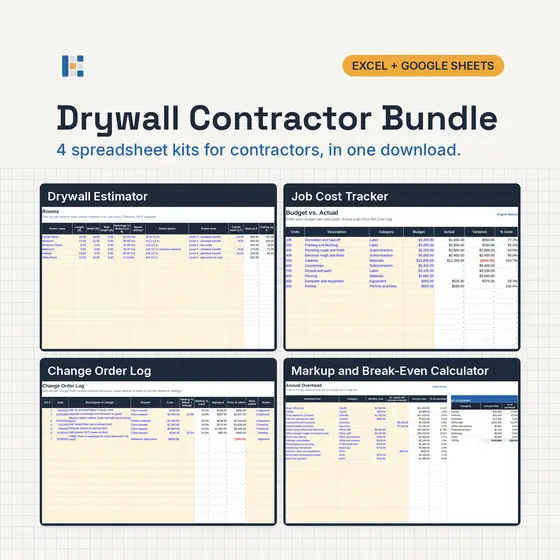Four Kitgrid spreadsheet kits for drywall hangers, finishers and contractors shown as laptop screens: Drywall Estimator, Job Cost Tracker, Change Order Log and Markup calculator, with Excel and Google Sheets badges.