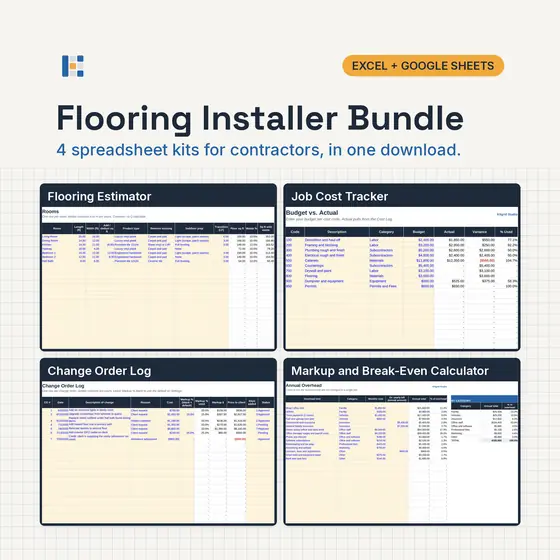 Four Kitgrid spreadsheet kits for flooring installers and contractors shown as laptop screens: Flooring Estimate Calculator, Job Cost Tracker, Change Order Log and Markup calculator, with Excel and Google Sheets badges.