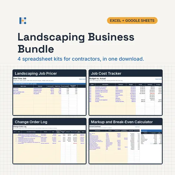 Four Kitgrid spreadsheet kits for landscapers and lawn care companies shown as laptop screens: Landscaping and Lawn Care Job Pricer, Job Cost Tracker, Change Order Log and Markup calculator, with Excel and Google Sheets badges.