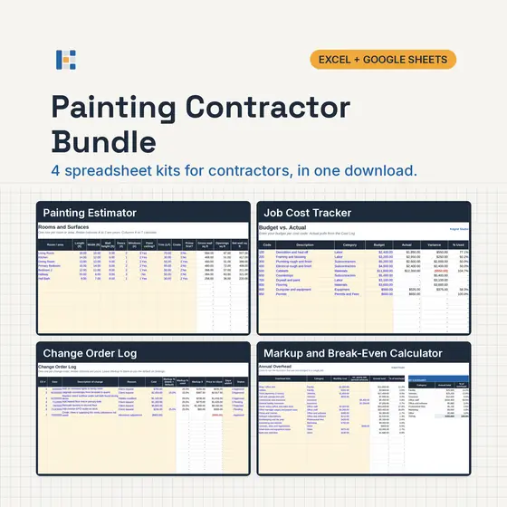 Four Kitgrid spreadsheet kits for painters and painting contractors shown as laptop screens: Painting Estimate Calculator, Job Cost Tracker, Change Order Log and Markup calculator, with Excel and Google Sheets badges.