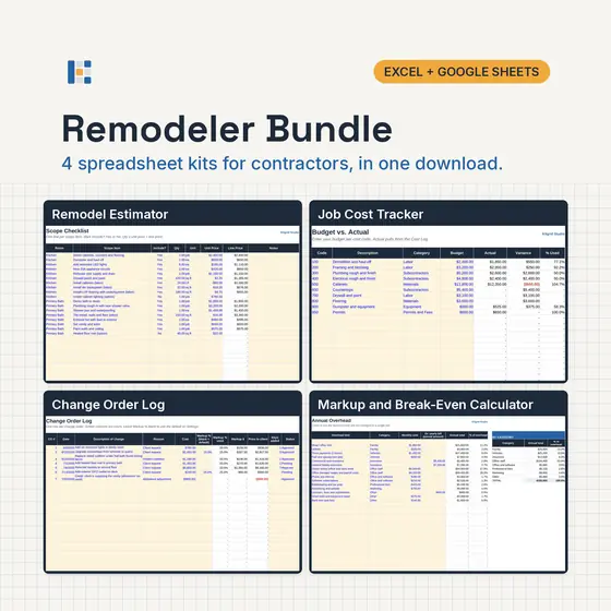 Four Kitgrid spreadsheet kits for kitchen and bath remodelers shown as laptop screens: Kitchen and Bath Remodel Estimator, Job Cost Tracker, Change Order Log and Markup calculator, with Excel and Google Sheets badges.