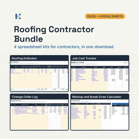 Four Kitgrid spreadsheet kits for roofing contractors shown as laptop screens: Roofing Estimate Calculator, Job Cost Tracker, Change Order Log and Markup calculator, with Excel and Google Sheets badges.