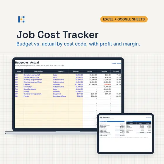 Laptop showing the Kitgrid Job Cost Tracker Budget sheet with budget, actual and variance by cost code, with Excel and Google Sheets badges.