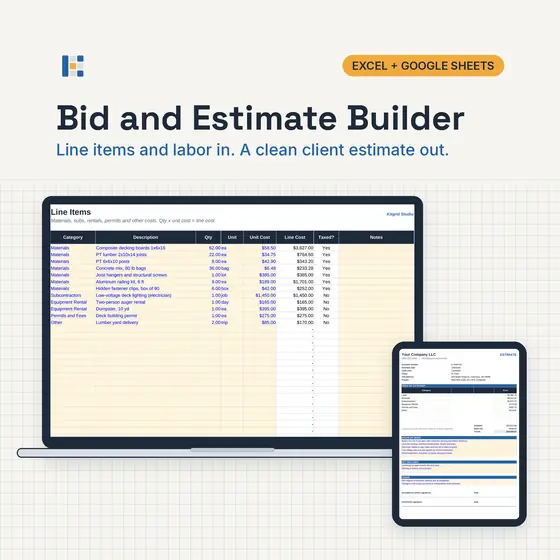Laptop showing the client-facing Estimate sheet from the Kitgrid Bid and Estimate Builder with price by category and total, with Excel and Google Sheets badges.