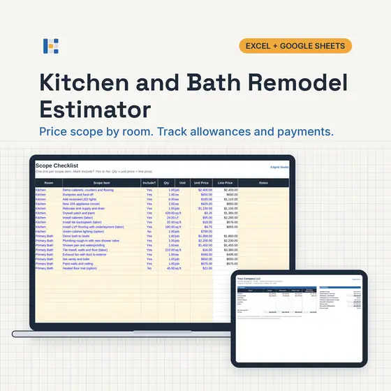 Laptop showing the Kitgrid Remodel Estimator Summary with totals by room and the revised contract, with Excel and Google Sheets badges.