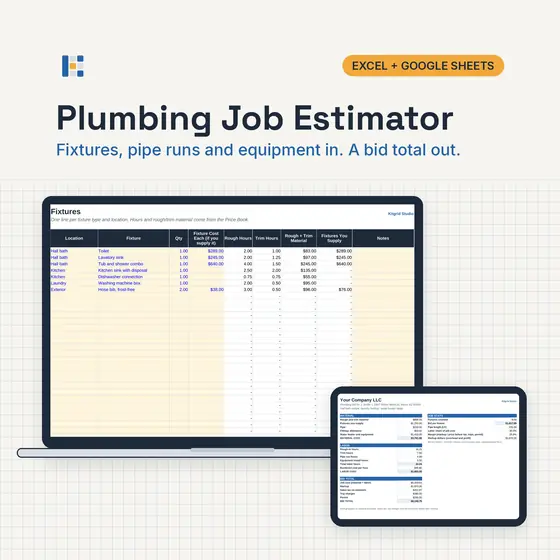 Laptop showing the Kitgrid Plumbing Job Estimator Bid Summary with material, labor and bid total, with Excel and Google Sheets badges.