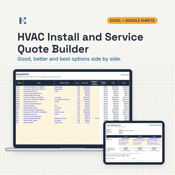 Laptop showing the Kitgrid HVAC Quote sheet with Good, Better and Best options side by side, with Excel and Google Sheets badges.