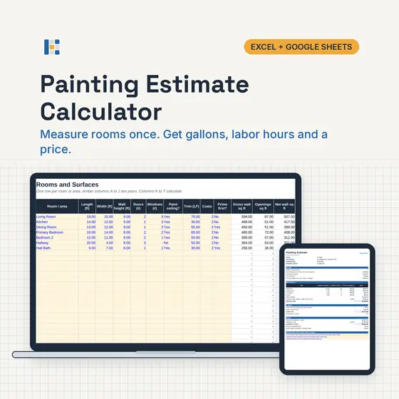 Laptop showing the Kitgrid Painting Estimate with gallons to buy, labor hours and price per paintable sq ft, with Excel and Google Sheets badges.