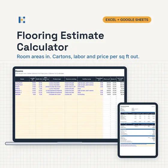Laptop showing the Kitgrid Flooring Estimate with cartons by product, underlayment, labor and price per sq ft, with Excel and Google Sheets badges.