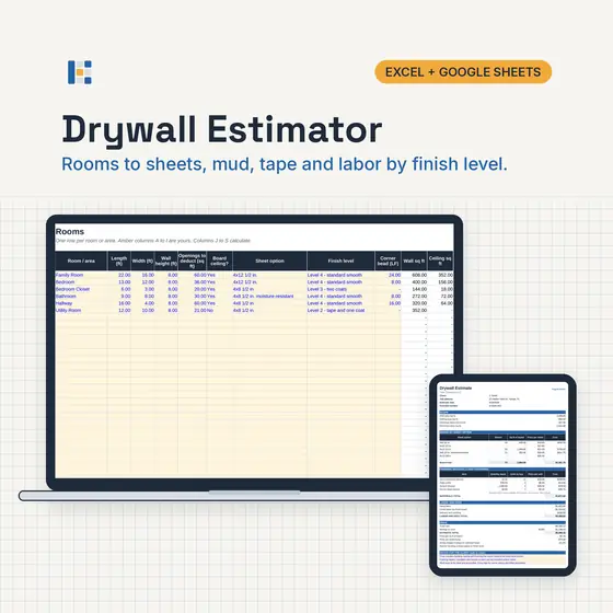 Laptop showing the Kitgrid Drywall Estimate with sheets by size, mud, tape, screws, labor and total, with Excel and Google Sheets badges.