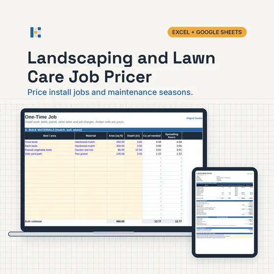 Laptop showing the Kitgrid Landscaping Quote with the one-time job price, season total and monthly payment, with Excel and Google Sheets badges.