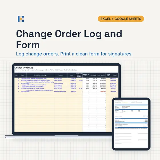 Laptop showing the Kitgrid printable Change Order Form with contract amount before and after the change, with Excel and Google Sheets badges.