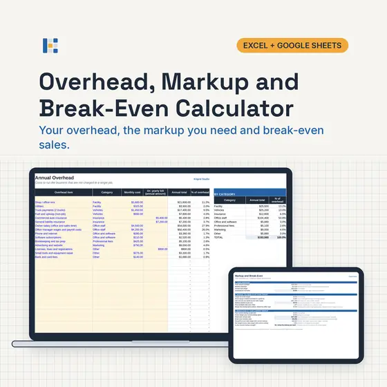 Laptop showing the Kitgrid Markup Calc sheet with overhead %, markup needed and break-even sales, with Excel and Google Sheets badges.