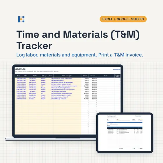 Laptop showing the Kitgrid T&M Invoice for one job with labor, materials, equipment and total due, with Excel and Google Sheets badges.