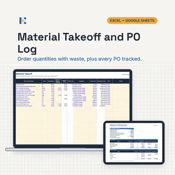 Laptop showing the Kitgrid Materials and PO Summary with open balances by supplier and by status, with Excel and Google Sheets badges.